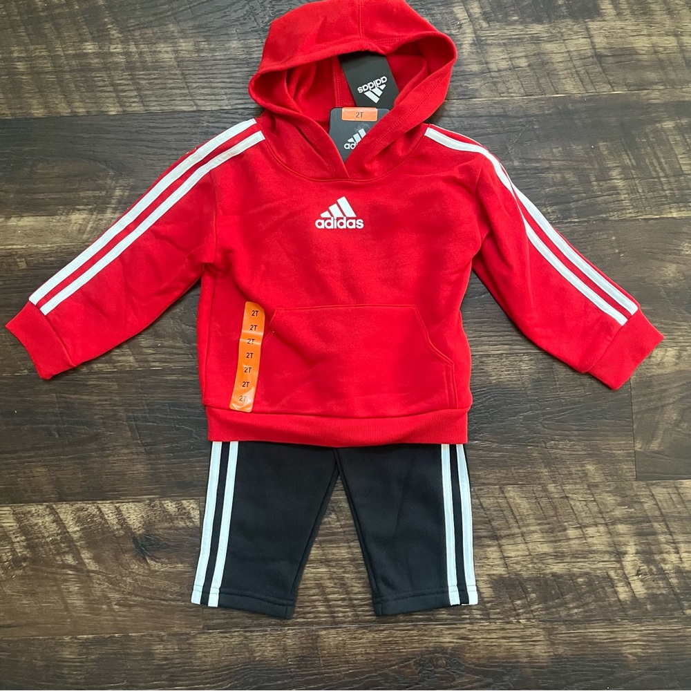 New with tags adidas red jogging sweatsuit tracksuit hoodie logo athletic set 2T